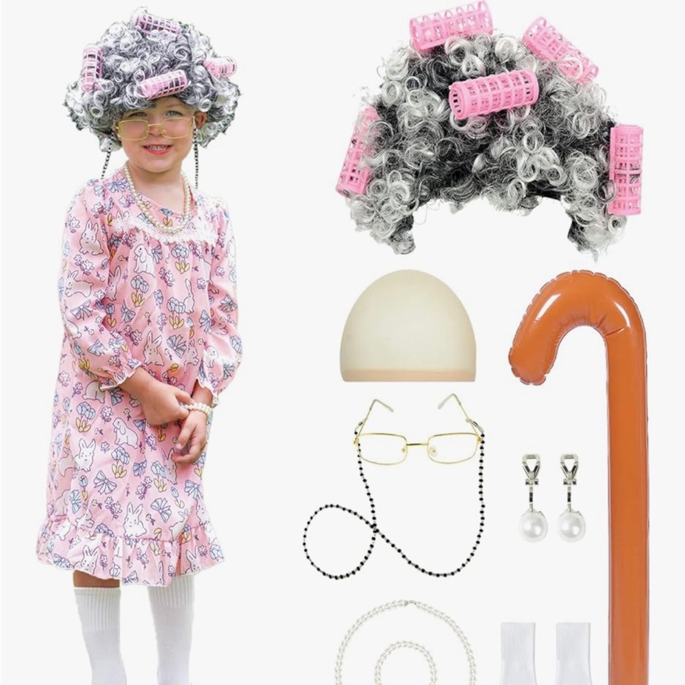 Orange  Granny Costume Set with Wig and Accessories size 6-8 child